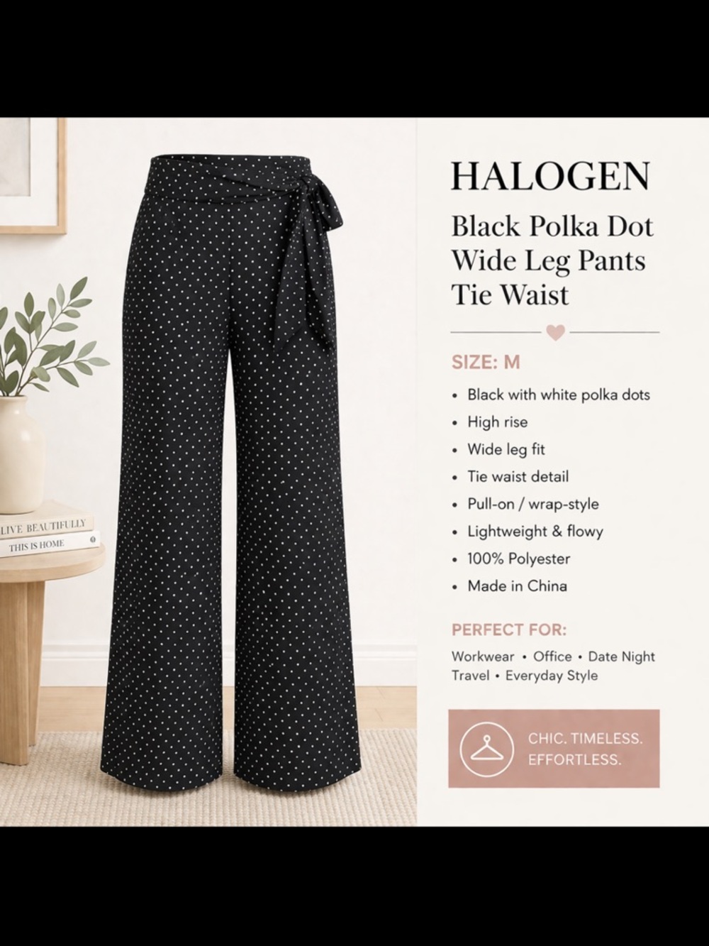 Halogen Black Polka Dot Wide-Leg Pants with Side Tie